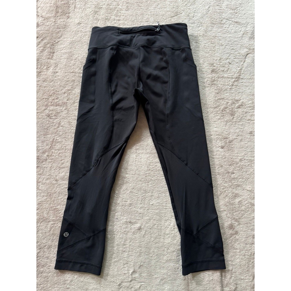 LULULEMON Men's Crops Leggings Run Inspire II Pocket Solid Black Mesh Panel Sz 6